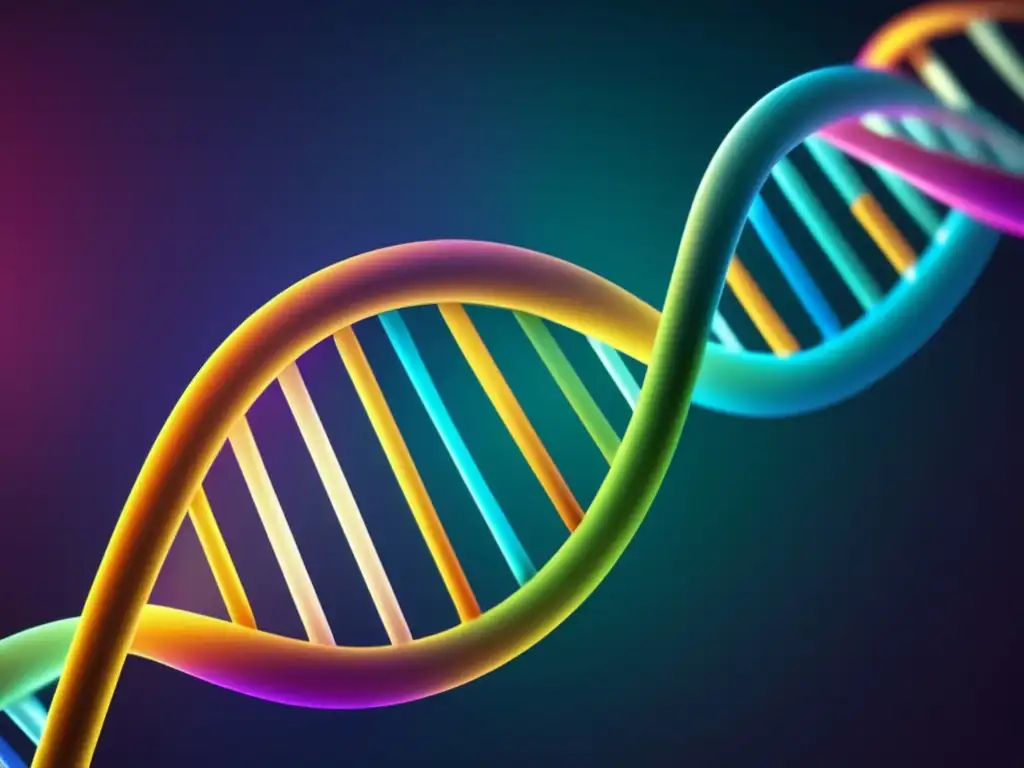 Una imagen de alta resolución que muestra la estructura de doble hélice del ADN, iluminada con colores vibrantes