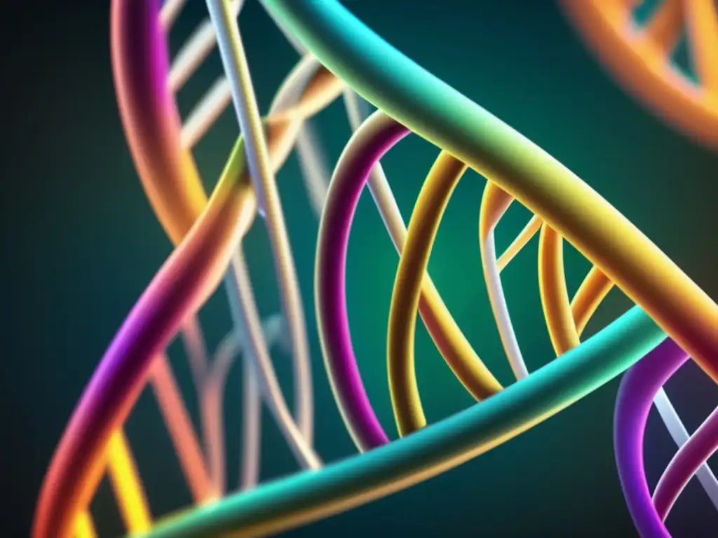 Una imagen en alta resolución muestra la estructura intrincada del ADN, con colores vibrantes que resaltan las diferentes bases nitrogenadas