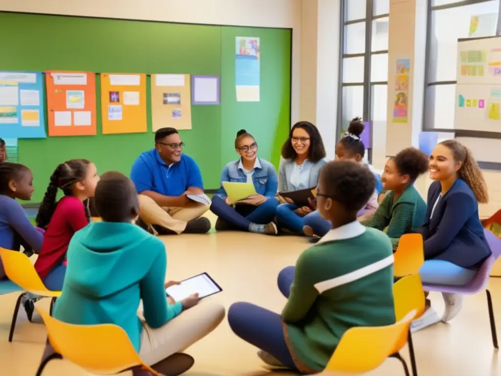 Una imagen en alta resolución muestra un grupo diverso de estudiantes sentados en círculo en un aula bien iluminada