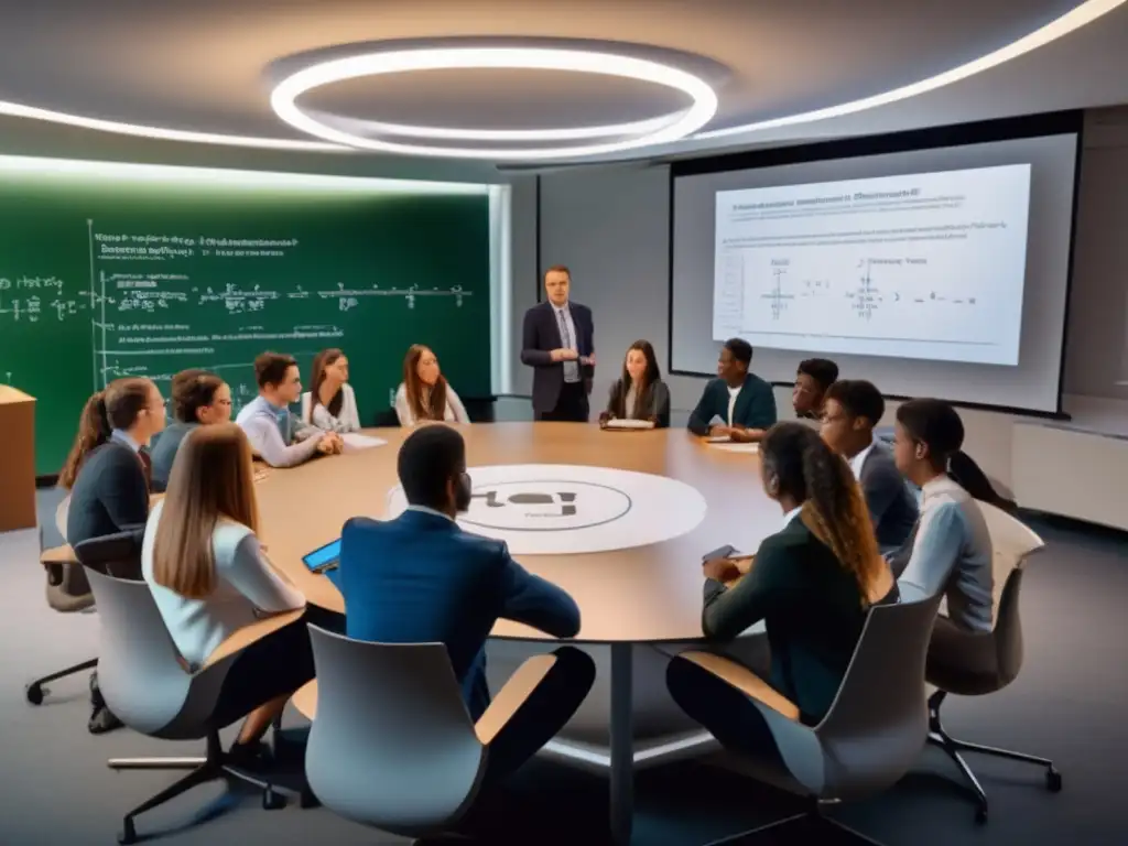 Una imagen de alta resolución en 8K muestra una sala de clase moderna con estudiantes entusiastas debatiendo las aplicaciones prácticas del Teorema de Fermat