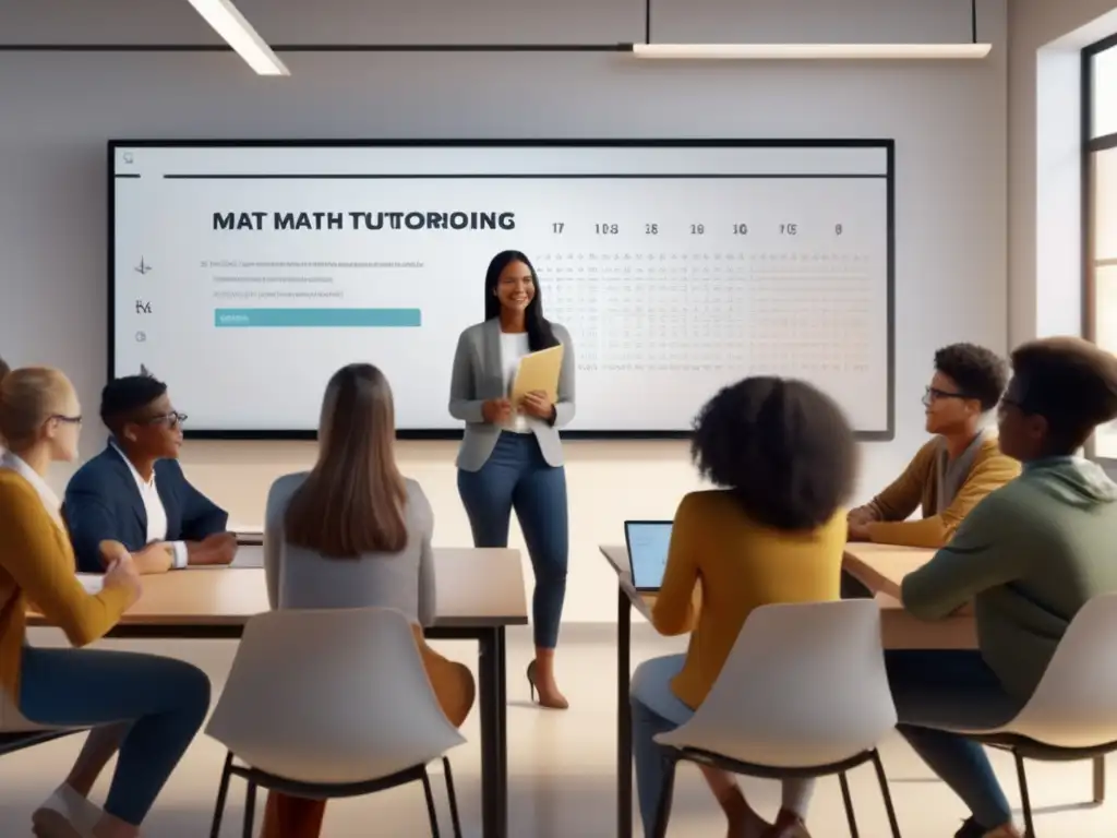 Una imagen asombrosa en 8k que muestra a estudiantes diversos participando en una tutoría de matemáticas personalizada