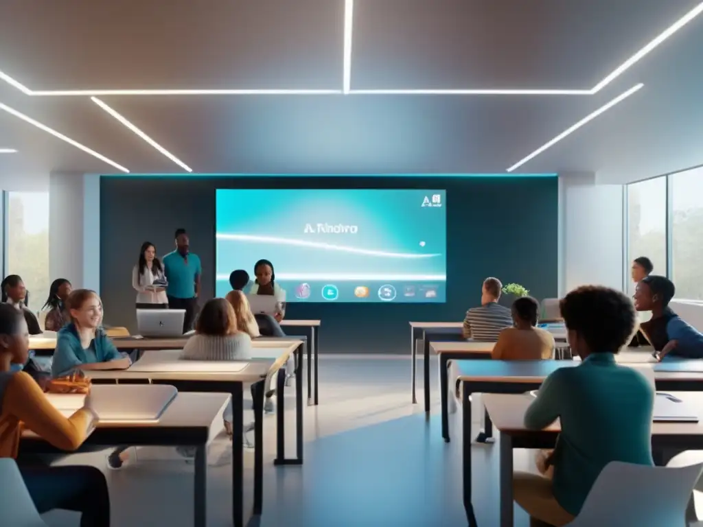 Aula futurista con IA: aprendizaje interactivo en 8k Una imagen en 8k que muestra un aula futurista iluminada con luz natural