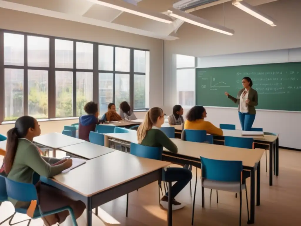 Una imagen 8k muestra un aula moderna con estudiantes participando en una animada discusión tutorizada sobre Teoría de Números