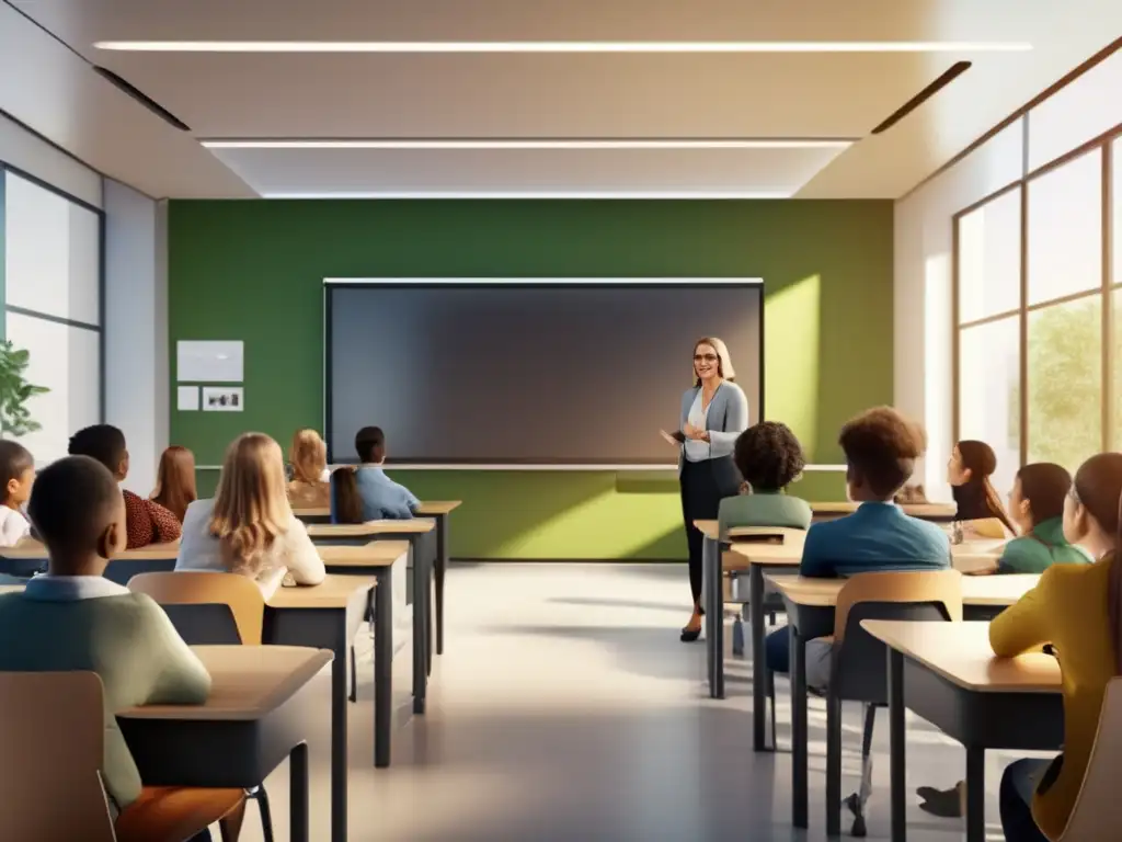 Una imagen 8K de un aula moderna, llena de estudiantes comprometidos y un profesor en el frente