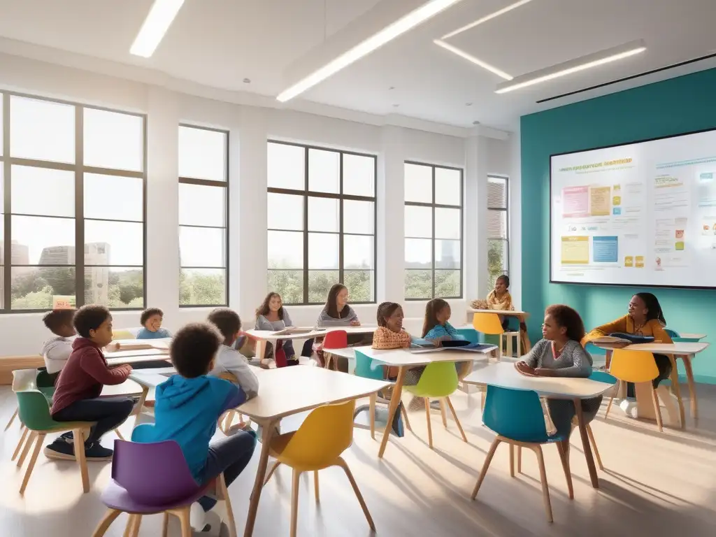 Una imagen de un aula moderna con luz natural, estudiantes diversos practicando mindfulness y elementos educativos