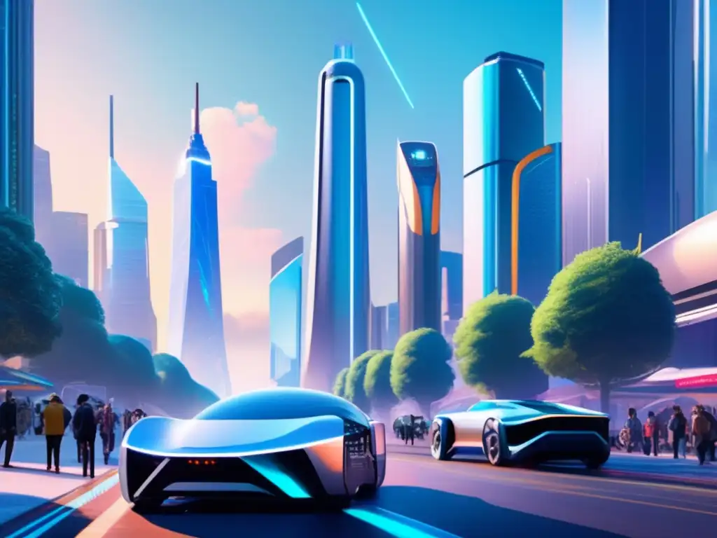 La imagen muestra una bulliciosa calle de la ciudad con rascacielos futuristas, vehículos eléctricos y anuncios holográficos