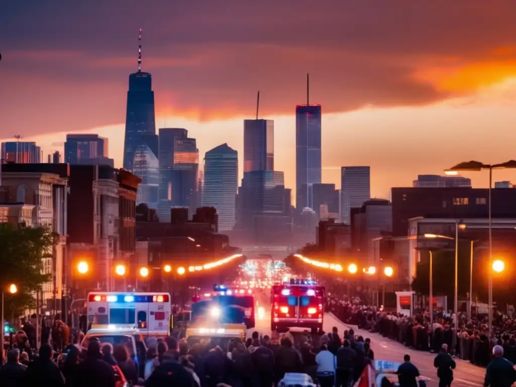 La imagen muestra el caos de una ciudad al anochecer tras un ataque terrorista, con luces de emergencia y una multitud unida