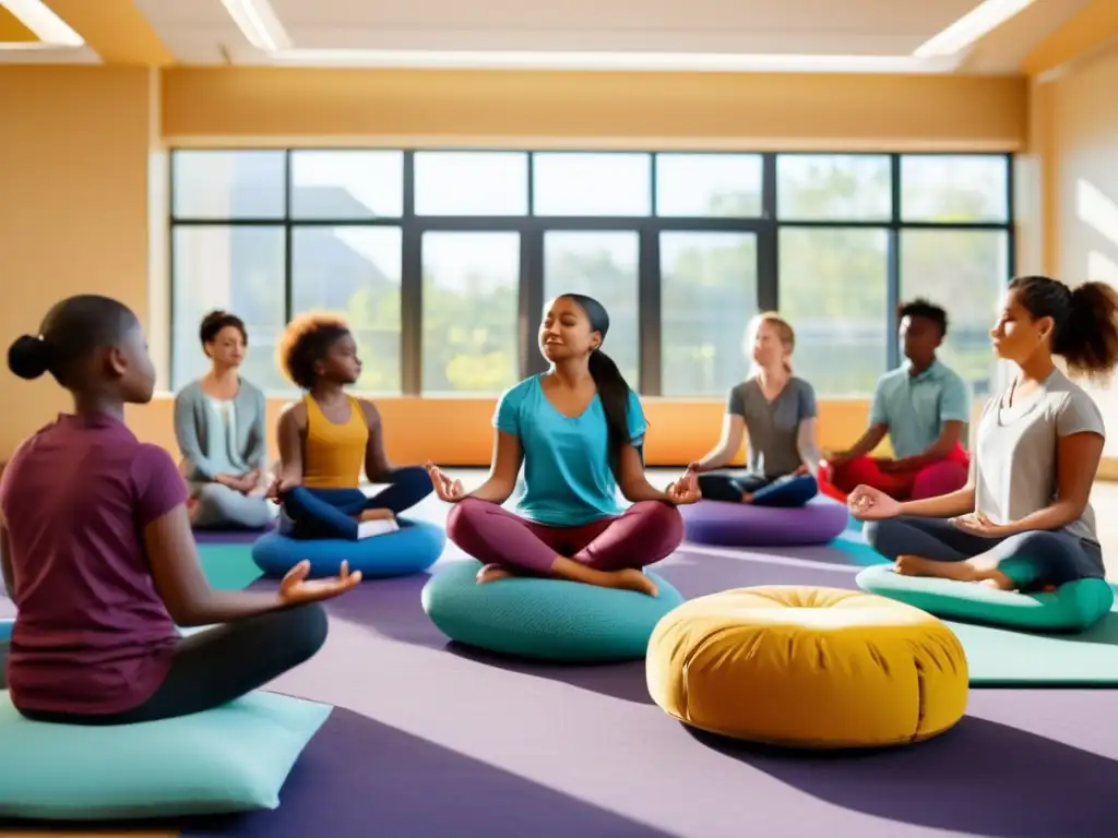 Una imagen cautivadora muestra a estudiantes de diferentes edades practicando mindfulness en un aula moderna