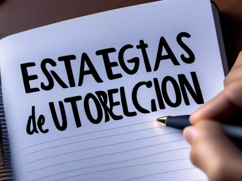 Una imagen cautivadora de una mano sosteniendo un elegante bolígrafo sobre un cuaderno titulado 'Estrategias de autorreflexión para metacognición'