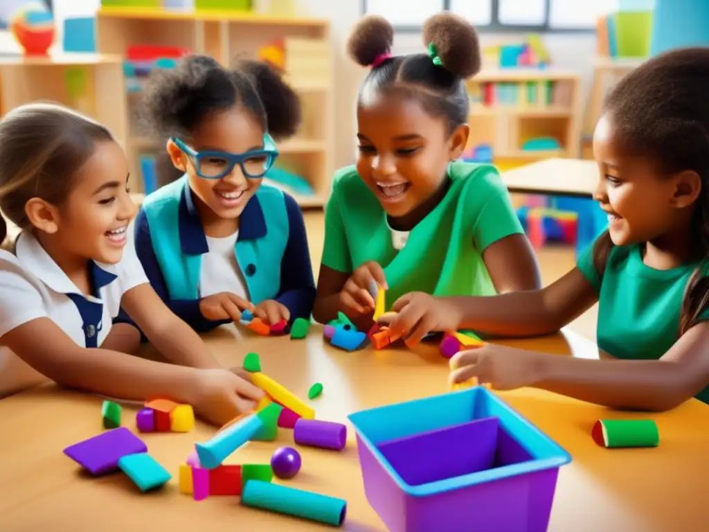 Una imagen cautivadora y vibrante, muestra niños diversos inmersos en una actividad educativa