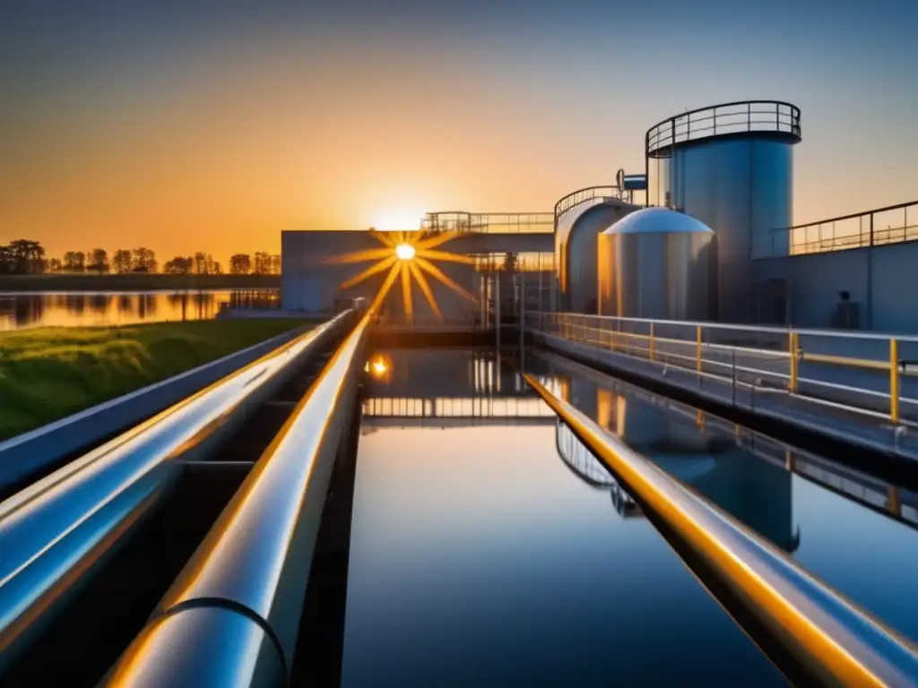 Una imagen cautivadora y vibrante de una planta de tratamiento de agua al atardecer, con el sol derramando una cálida luz dorada sobre el escenario