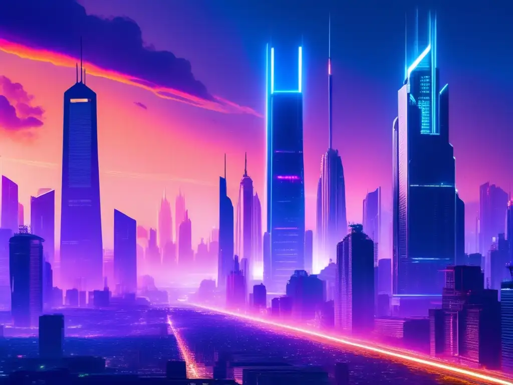 La imagen muestra una ciudad futurista con rascacielos imponentes y luces de neón