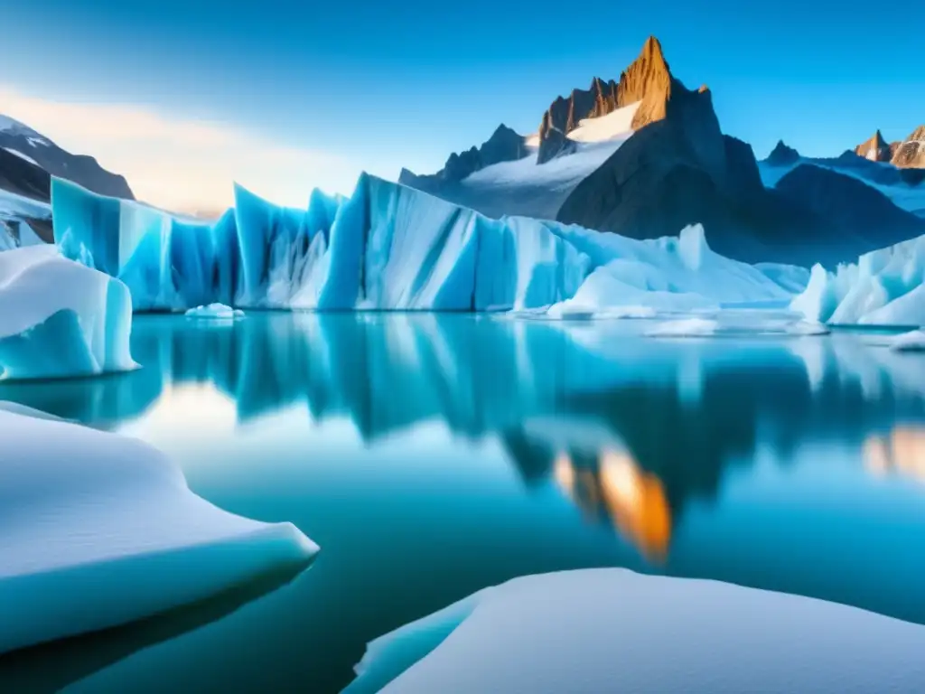 Una imagen deslumbrante en 8k muestra un glaciar derritiéndose, formando hielo azul disolviéndose en un lago glacial sereno