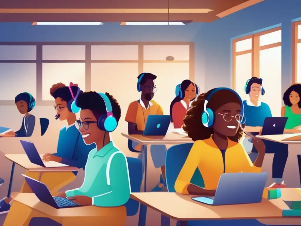 Una imagen detallada y de alta resolución muestra a estudiantes diversos escuchando atentos podcasts educativos con auriculares