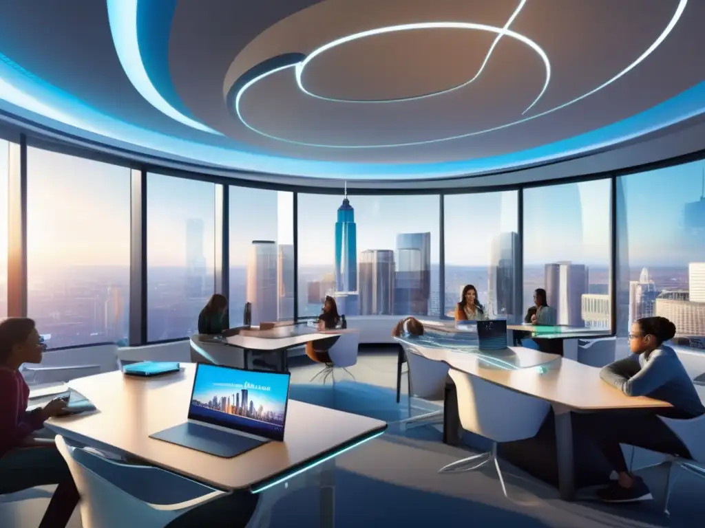 Aula futurista: aprendizaje colaborativo en un entorno innovador Una imagen detallada de un aula futurista con vista panorámica de una ciudad a través de ventanas de piso a techo