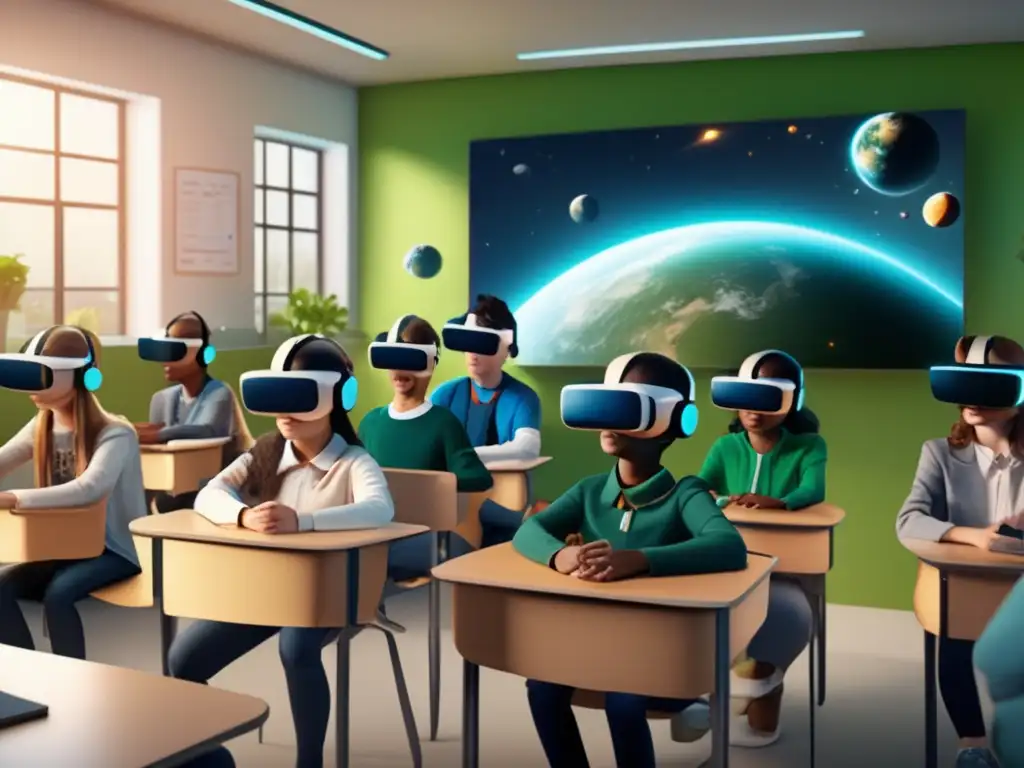 Clase del futuro: Estudiantes inmersos en la realidad virtual Una imagen 8k detallada de un aula llena de estudiantes inmersos en una experiencia educativa de realidad virtual
