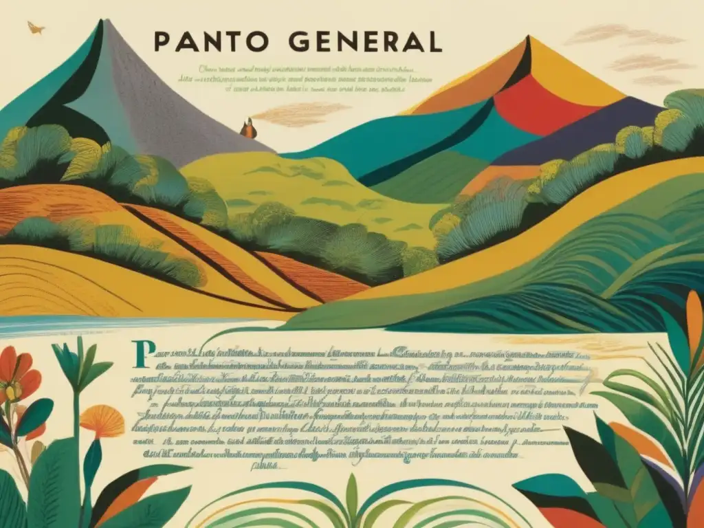 Una imagen detallada de 'Canto General' de Pablo Neruda, con vibrantes ilustraciones que capturan la identidad latinoamericana