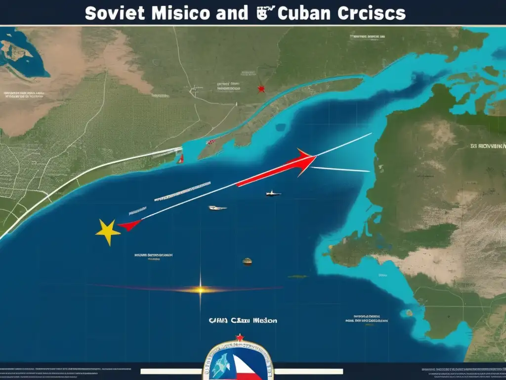 Una imagen detallada de la crisis de misiles en Cuba, mostrando el enfrentamiento entre Estados Unidos y la Unión Soviética, con instalaciones militares, bloqueos navals y el paisaje cubano