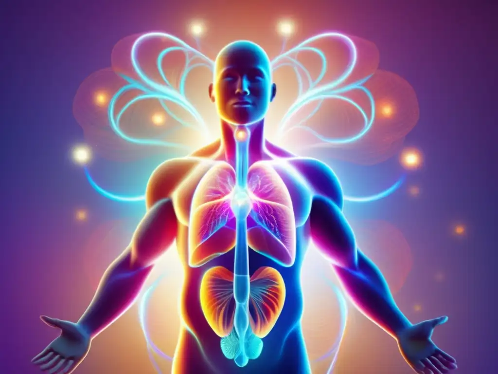 Una imagen detallada muestra un cuerpo humano rodeado de vibrantes líneas de energía, ilustrando los beneficios de la bioenergética