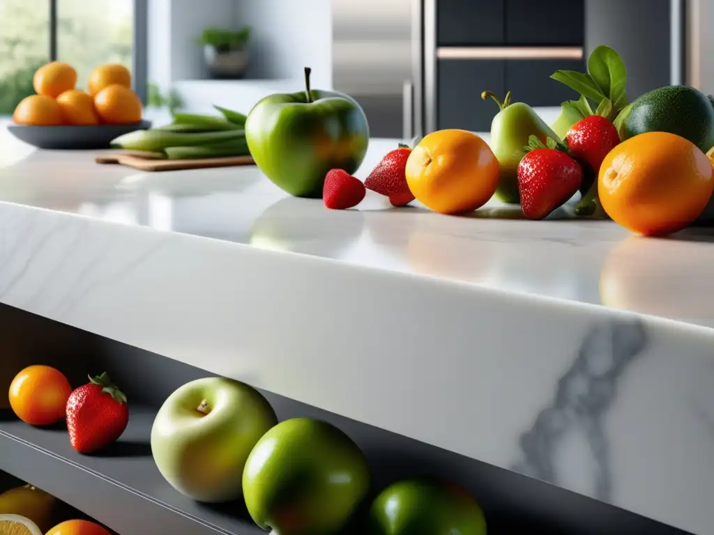 Una imagen detallada en 8k muestra una elegante encimera de cocina de mármol blanco con vetas grises, adornada con ingredientes y productos orgánicos