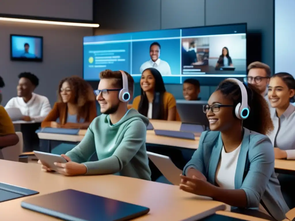 Una imagen 8k detallada que muestra estudiantes participando en un aula virtual futurista