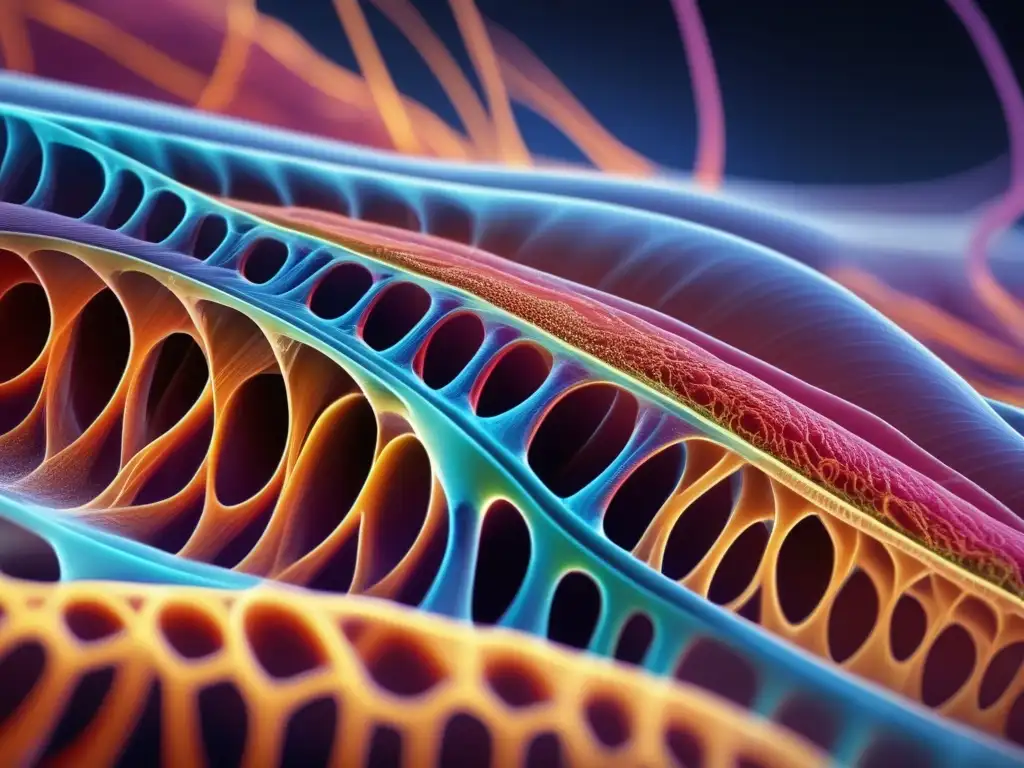 Una imagen detallada muestra una fibra muscular humana de cerca, resaltando la importancia de la bioquímica en el ejercicio