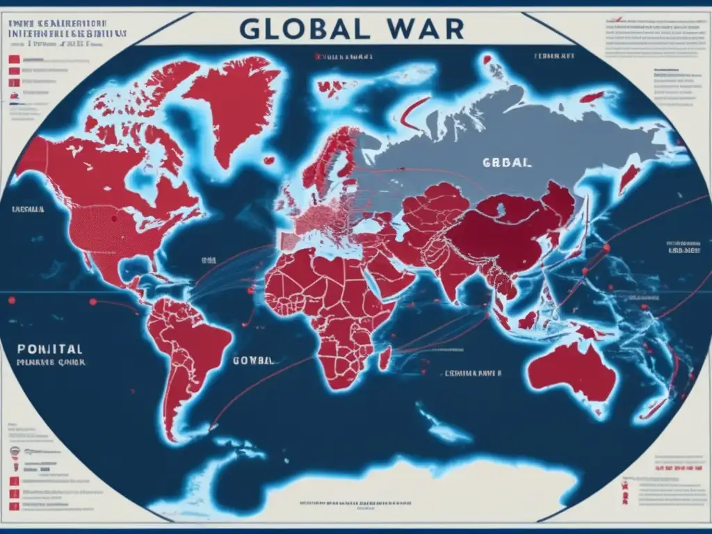 Una imagen detallada del mapa mundial, resaltando las rutas comerciales, alianzas militares y la influencia política durante la Guerra Fría