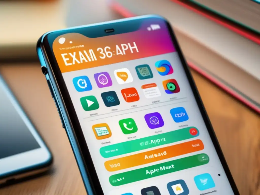 Una imagen 8K detallada de una pantalla de smartphone llena de apps educativas para exámenes difíciles