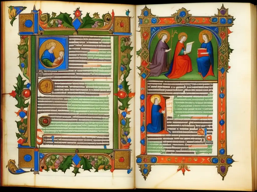 La imagen muestra un detallado manuscrito iluminado del Renacimiento carolingio, con intrincada caligrafía, colores vibrantes y elementos decorativos