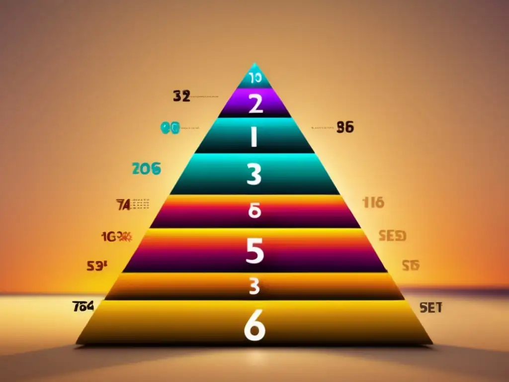 Una imagen dinámica y vibrante de una jerarquía matemática, con conjuntos de números dispuestos de manera impactante