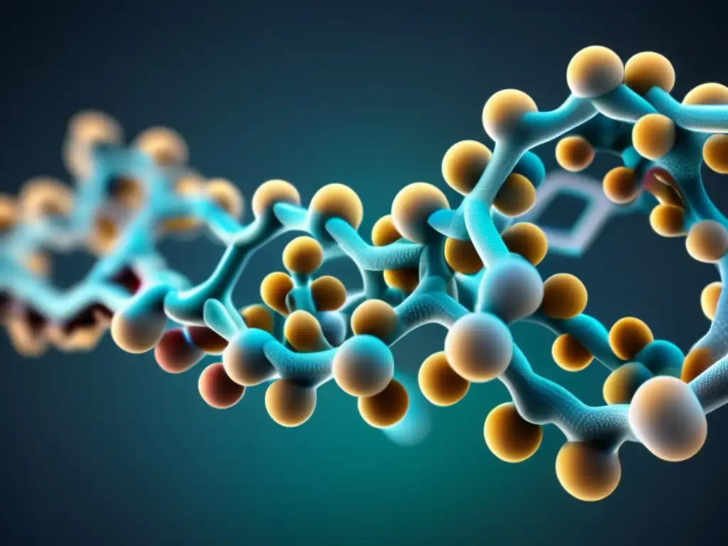 La imagen muestra la estructura detallada de una molécula de proteína en 8k, resaltando su compleja disposición de aminoácidos, hélices y láminas beta