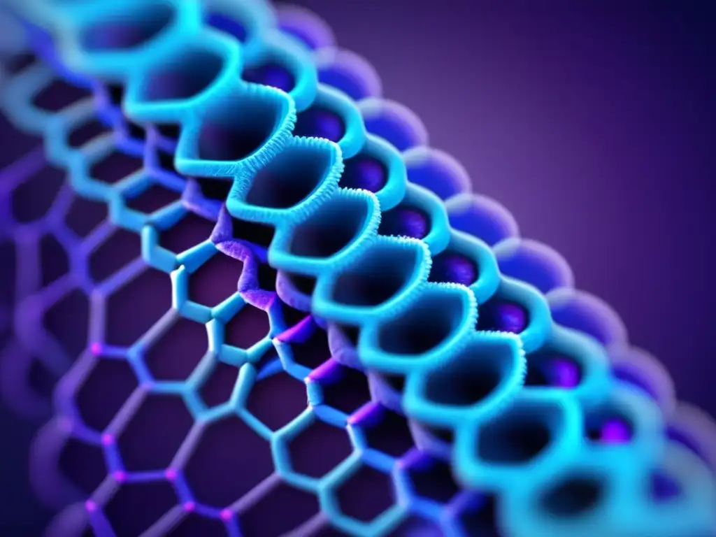 Una imagen en 8k que muestra la estructura intrincada de una proteína de priones en tonos vibrantes de azul y morado