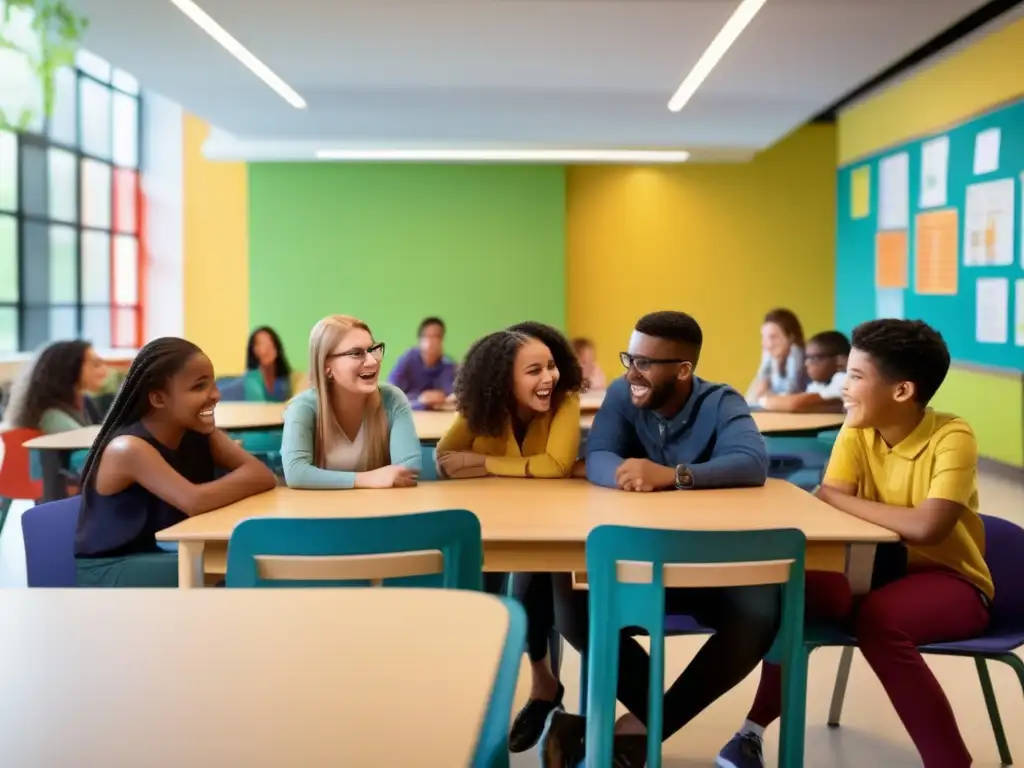 Imagen de estudiantes diversos participando activamente en un aula moderna y colorida