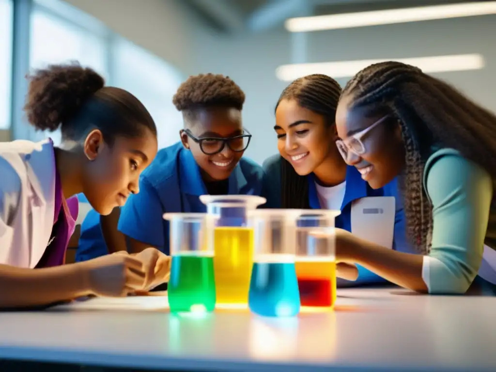 Una imagen en 8k de estudiantes diversos realizando un experimento científico, resaltando la importancia del constructivismo en la educación