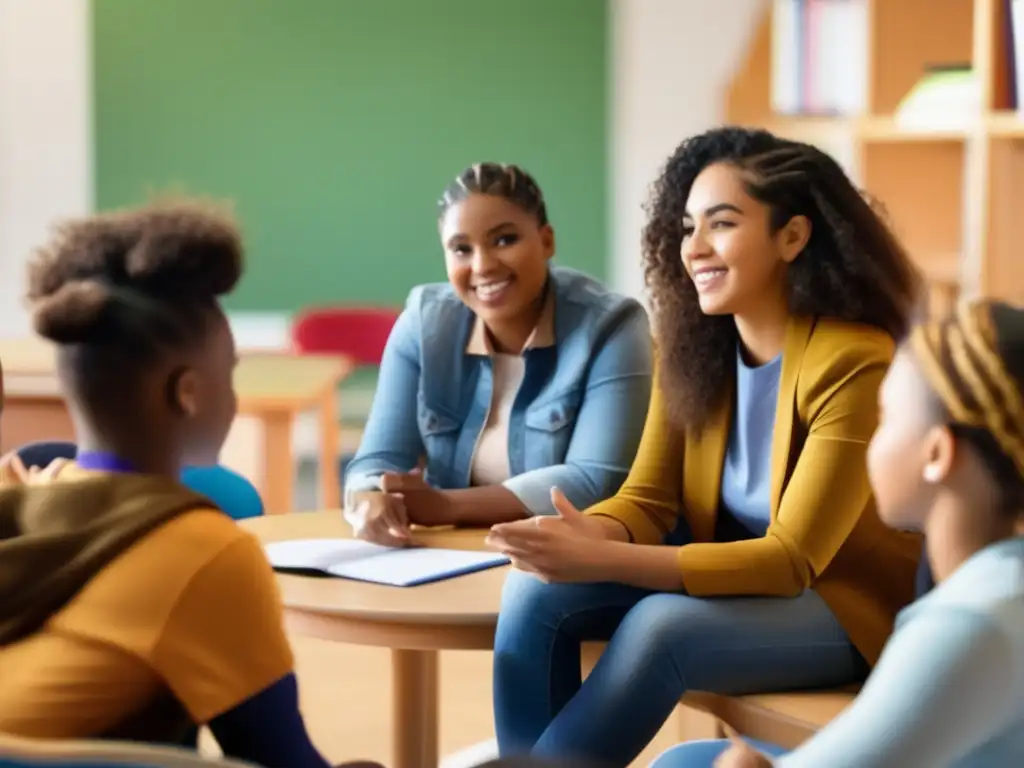 Una imagen de alta resolución de estudiantes diversos sentados en círculo en un aula luminosa