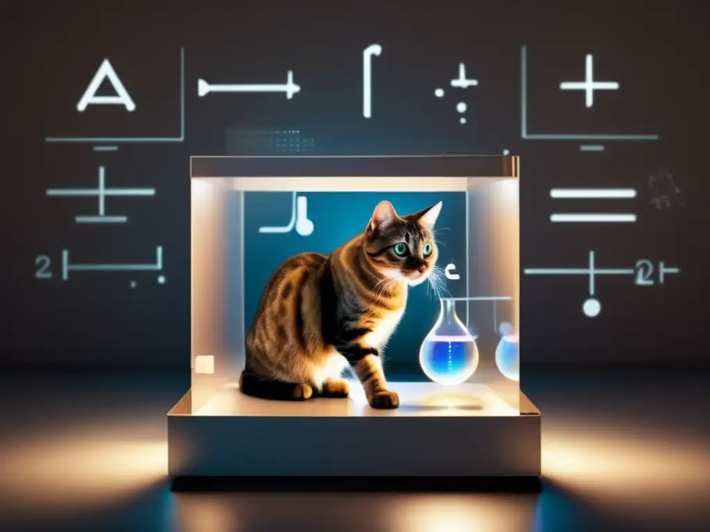 En la imagen se representa el experimento mental del gato de Schrödinger, con símbolos cuánticos suspendidos en el aire