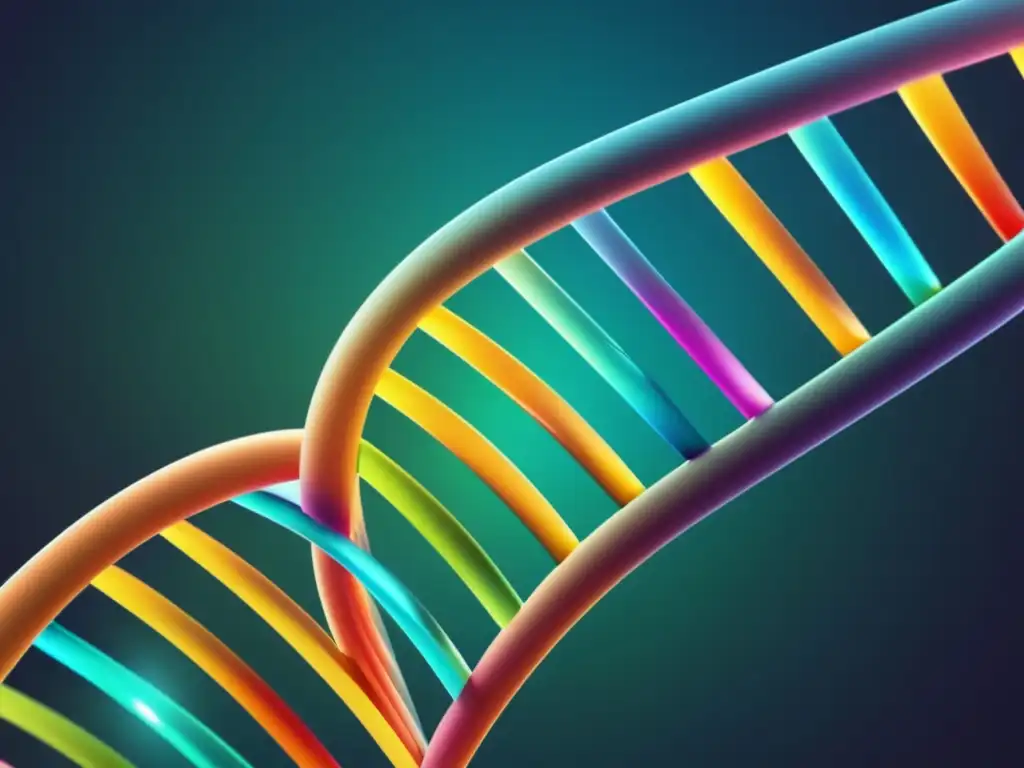 Una imagen fascinante de una estructura de doble hélice de ADN, con colores vibrantes que representan las bases nucleotídicas