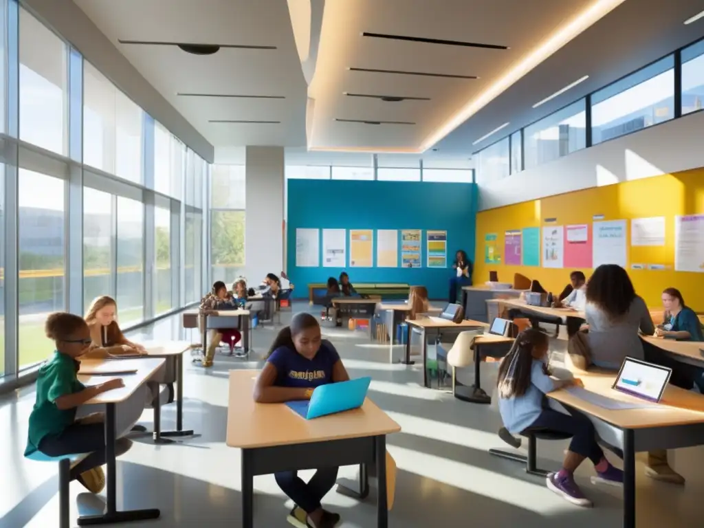 Un aula moderna y vibrante: Tecnología y educación en perfecta armonía Una imagen impactante muestra un aula moderna llena de estudiantes inmersos en actividades educativas