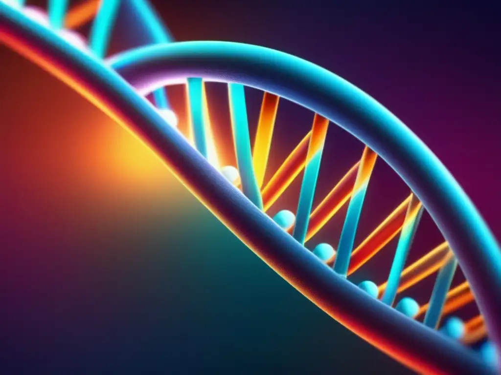 Una imagen impactante de la estructura de doble hélice del ADN, con colores vibrantes y brillantes que representan el código genético