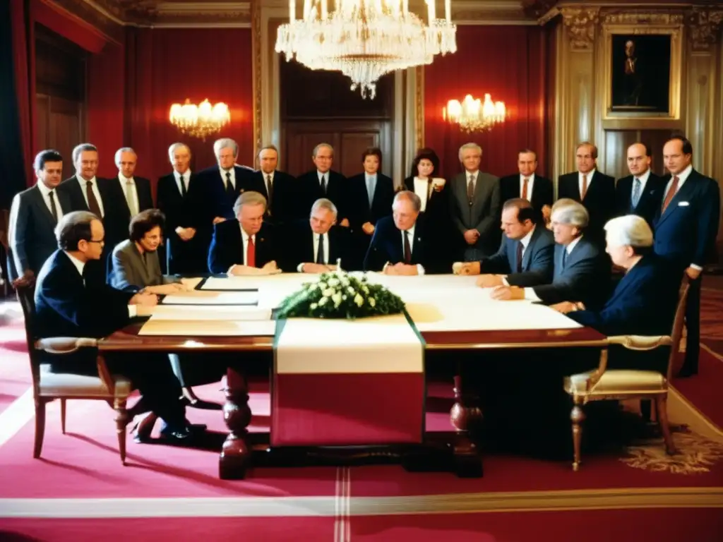 Una imagen impactante de la firma del Tratado de Maastricht en 1992, con líderes europeos reunidos alrededor de una mesa en una sala histórica