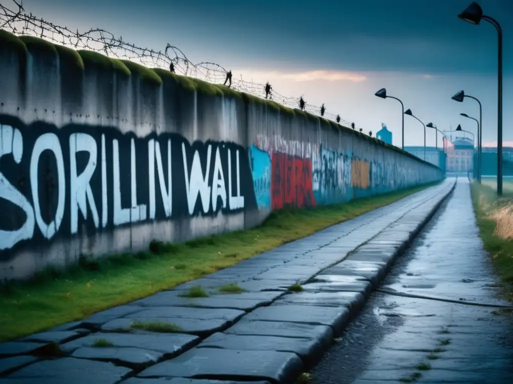 Una imagen impactante del Muro de Berlín, con grafitis y alambre de púas, reflejando la división de la Guerra Fría