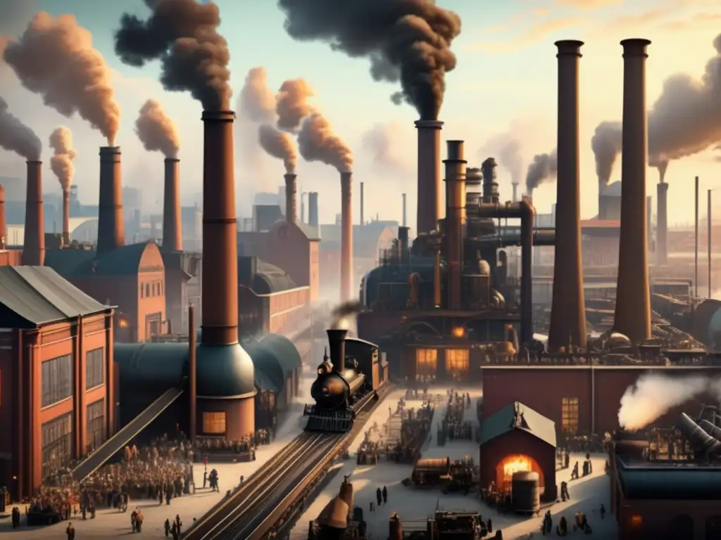 Una imagen impactante de la Revolución Industrial en Europa: humeantes chimeneas, maquinaria detallada y trabajadores ocupados, ilustrando el impacto de la Revolución Industrial en la sociedad europea