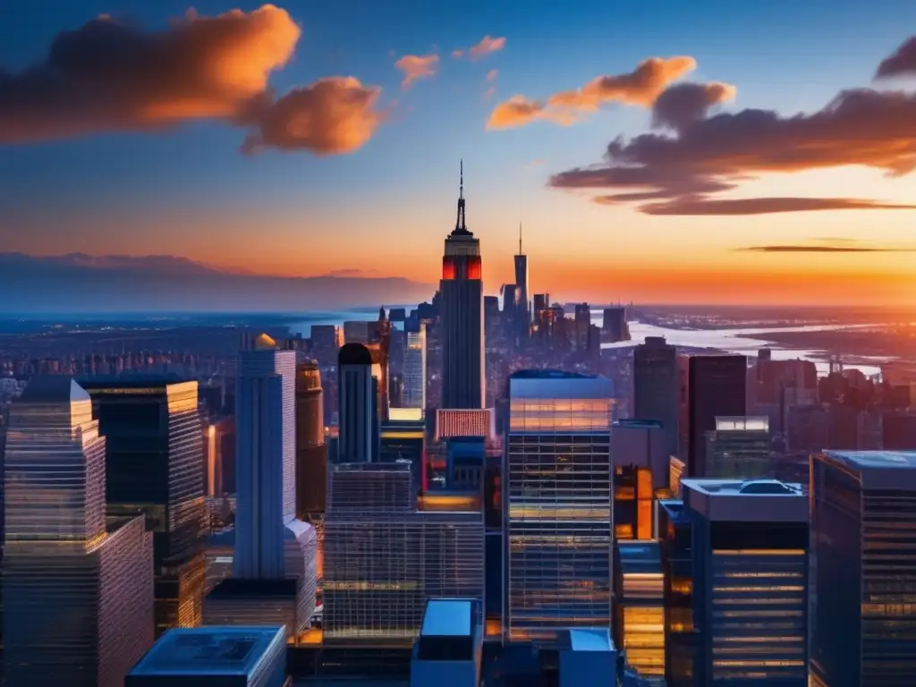 La imagen muestra una impactante vista de la ciudad moderna al atardecer, con el cálido resplandor del sol, reflejándose en los rascacielos de cristal