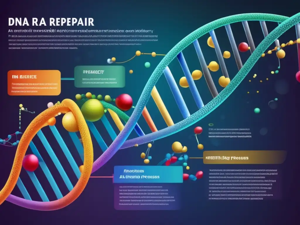 La imagen muestra la importancia de la reparación del ADN en células, resaltando la compleja maquinaria molecular y sus procesos dinámicos