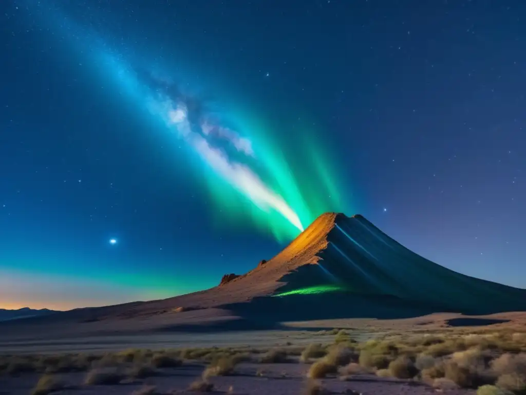 La imagen muestra un impresionante cometa surcando el cielo nocturno, con una cola brillante de tonos azules, verdes y dorados