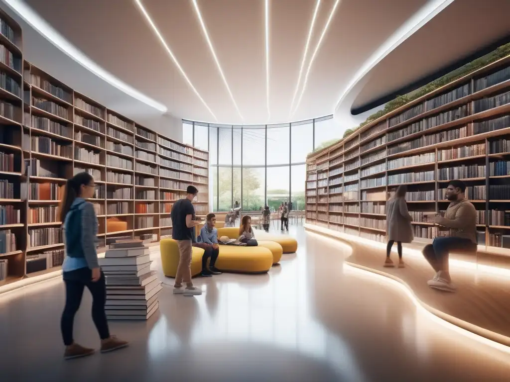 Una imagen impresionante y detallada en 8K que muestra una biblioteca moderna con diseño futurista y tecnología de vanguardia
