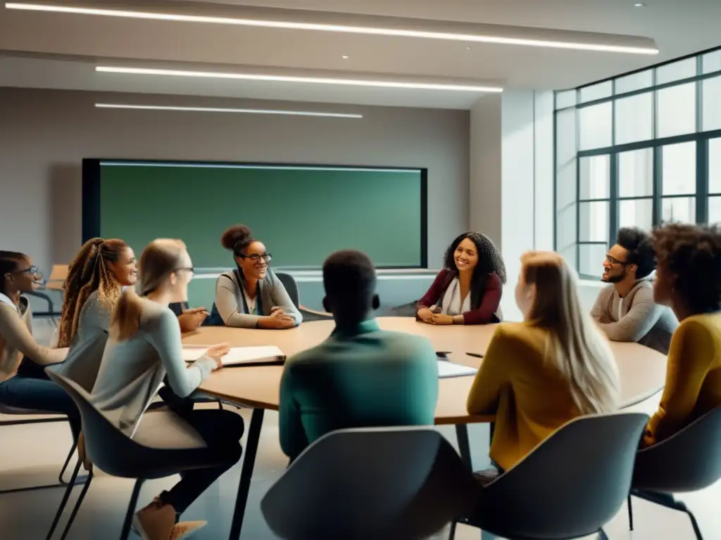 Una imagen impresionante en 8k que muestra a estudiantes diversos participando en una animada discusión durante una sesión de tutoría