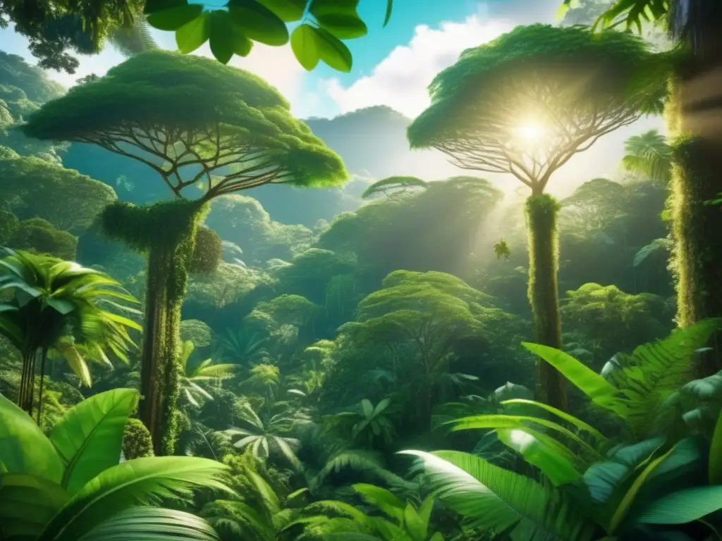 Una imagen impresionante en 8k de una exuberante selva tropical, donde los árboles majestuosos se elevan hacia el cielo