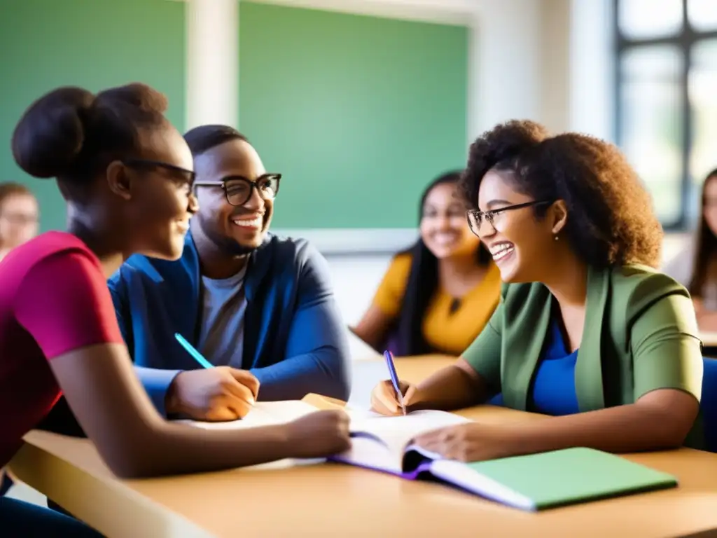 Una imagen inspiradora de estudiantes diversos participando en una sesión de tutoría inclusiva en un aula moderna