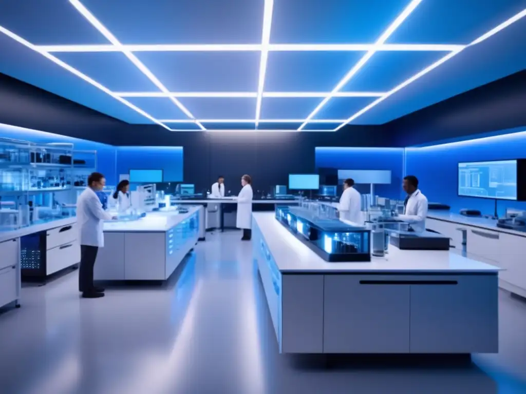 En la imagen, un laboratorio de biotecnología de vanguardia se ilumina en un suave y futurista tono azul